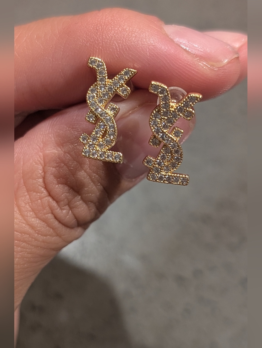 Yves Saint Laurent Crystal-Embellished Gold YSL Logo Stud Earrings - Picture 3 of 12